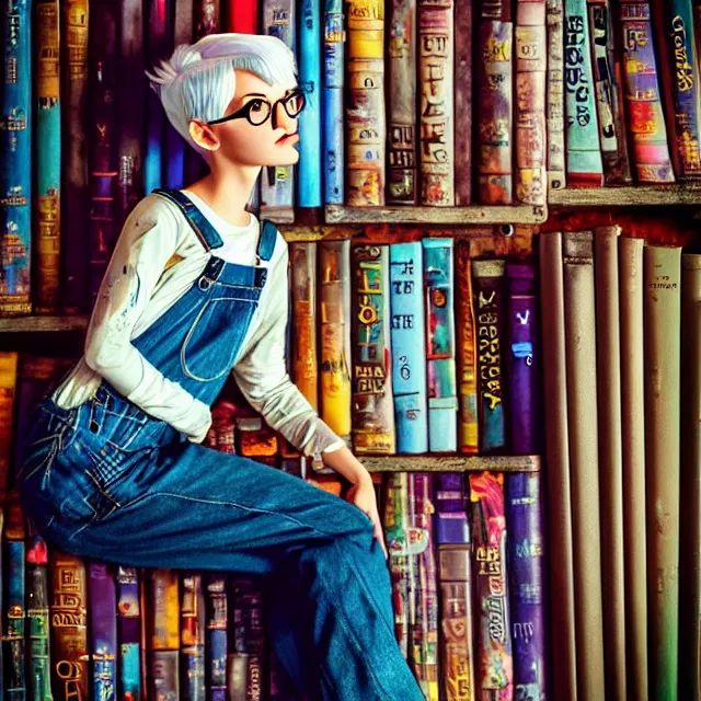 Image similar to full body pose, beautiful adult book fairy, pixar, short white hair shaved sides, dirty, grungy, grunge, long sleeve, painted overalls, stacks of giant books, highly detailed, 4 k, hdr, smooth, sharp focus, high resolution, award - winning photo, artgerm, photorealistic