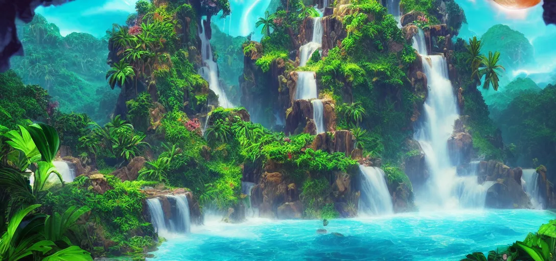 Prompt: beautiful view of a fantasy tropical mountain waterfall, jungle beach, waves, caustics, symmetry, dramatic lighting, ultra detailed, sharp, ambient occlusion, bloom, raytracing, vibrant, vivid colors, picturesque, 3 d artstation render by dylan cole and jordan grimmer