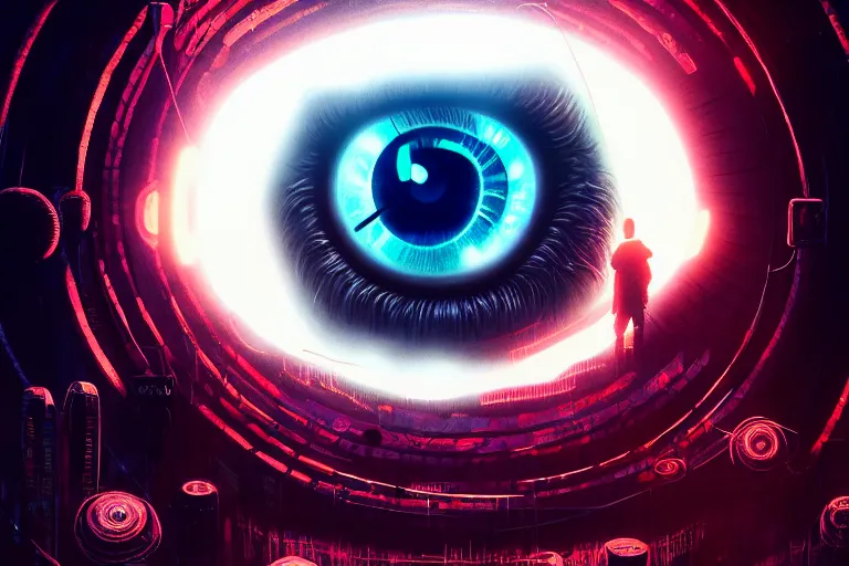 Image similar to portrait of a mystical giant eye, big brother is watching you vibes, mechanic, dystopian, ( ( cyberpunk ) ), intricate, ( ( ( abstract ) ) ), cinematic, glow, neons, octane render, wlop, greg rutkowski, dan mumford, artgerm