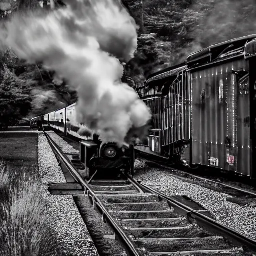 Image similar to train with steam locomotive leaving the station, dramatic cinematic angle and lighting, low key slow shutter