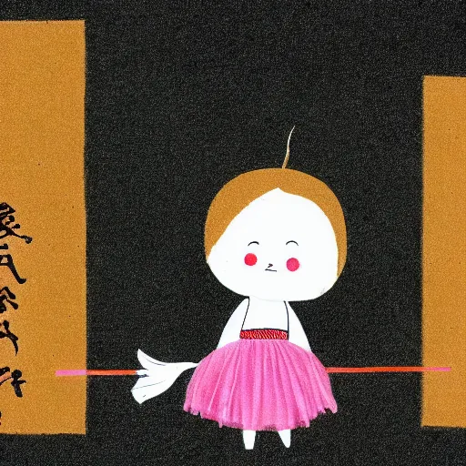 Prompt: Illustration of a baby daikon radish in a tutu walking a dog, smart artist style