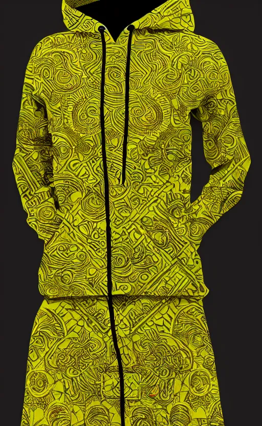 Image similar to hoodie, batik pattern, yellow, green, trendsetter, fashion of the year fiction, stability, intricate, elegant, 8 k, uhd, justify, artstation, concept art, matte, sharp focus, illustration, consistent, highly detailed object content, proportional object content