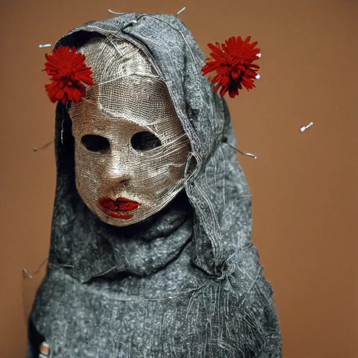 Image similar to a woman wearing a hood made of wire and zinnias, in an abandoned office building, by lucien freud, canon eos c 3 0 0, ƒ 1. 8, 3 5 mm, 8 k, medium - format print