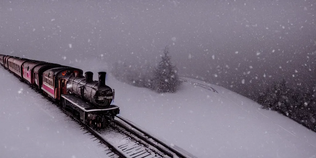 Image similar to a high detail photograph of a heavy steam train in the snow under a blizzard, realism, 4 k, award winning photograph, octane render, bloom, night, fog, high details