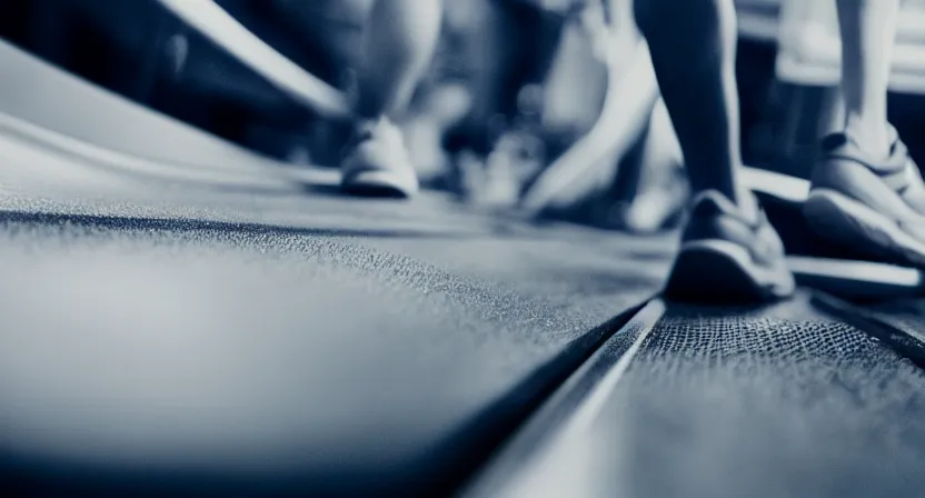 Image similar to close up on worn out running shoes running on a treadmill. cinematic lighting. dark. moody. octane render. blue grey tones.