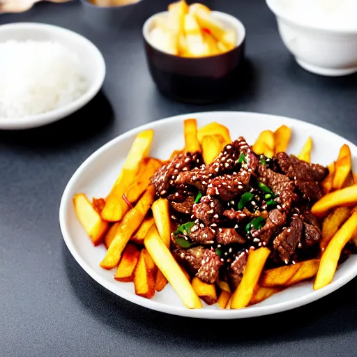 Prompt: dslr food photograph of stir fried beef in dark soy sauce, mixed with tomato wedges and french fries, served with white rice on the side, 8 5 mm f 1. 8