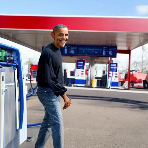 Image similar to barack obama at a gas station, with a fade haircut, wearing ripped jeans, photograph, 4 k