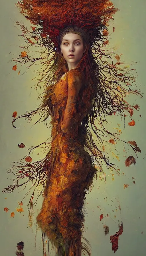 Prompt: full body shot portrait of beautiful girl by irakli nadar with intricate detailed color smashing fluid oil paint and acrylic, dried moss and dried autumn leaves headdress, melting wax, mycelia, abstract impressionism, ruan jia, fantasy, hyper detailed, concept art, by gustav klimt,