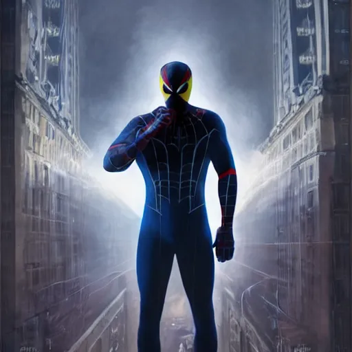 Image similar to ryan reynolds as spider - man, wearing a black and blue suit, cinematic, volumetric lighting, f 8 aperture, cinematic eastman 5 3 8 4 film, photorealistic by greg rutkowski, by stanley artgerm, by alphonse mucha