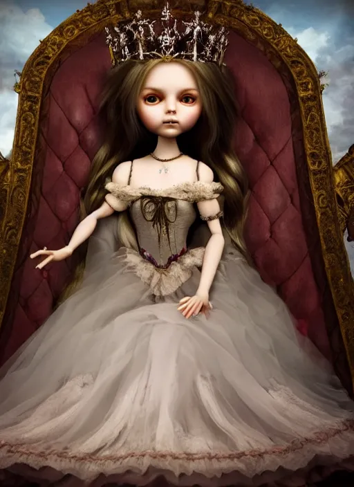 Image similar to highly detailed closeup, simple doll hands, portrait of a gothic fairy princess wearing a crown and sitting on a throne, unreal engine, nicoletta ceccoli, mark ryden, earl norem, lostfish, global illumination, god rays, detailed and intricate environment