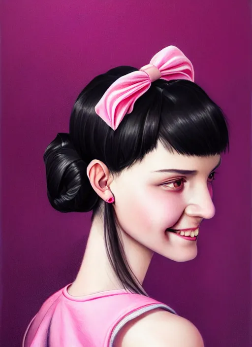 Image similar to portrait of high school girl, realistic, black hair, bangs, half updo hairstyle, pointy nose, skinny, smile, ugly, defined jawline, big chin, pink hair bow, earrings, intricate, elegant, glowing lights, highly detailed, digital painting, artstation, sharp focus, illustration, art by wlop, mars ravelo and greg rutkowski