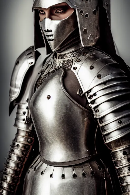 Image similar to dressed female knight, a medium armor, symmetrical, cinematic, elegant, demonic atmosphere, professional studio light, real dlsr photography, sharp focus, costume made by hans giger, 4 k, ultra hd, sense of awe