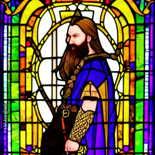 Prompt: gothic stained glass window, side - view portrait of a viking king, long hair and full beard, golden rope headband, furry coat, purple background, masterful, backlit