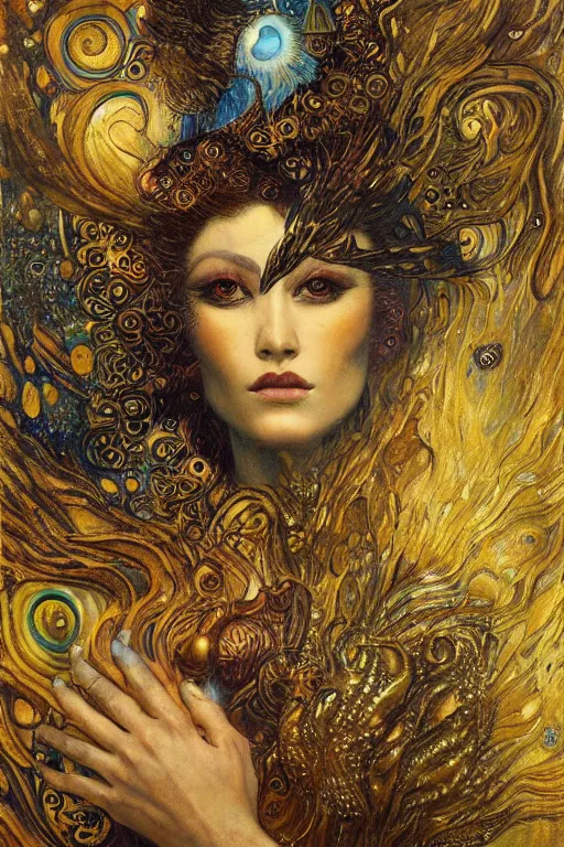 Prompt: Visions of Paradise by Karol Bak, Jean Deville, Gustav Klimt, and Vincent Van Gogh, visionary, otherworldly, fractal structures, ornate gilded medieval icon, third eye, spirals, heavenly spiraling clouds with godrays, airy colors, feathery wings