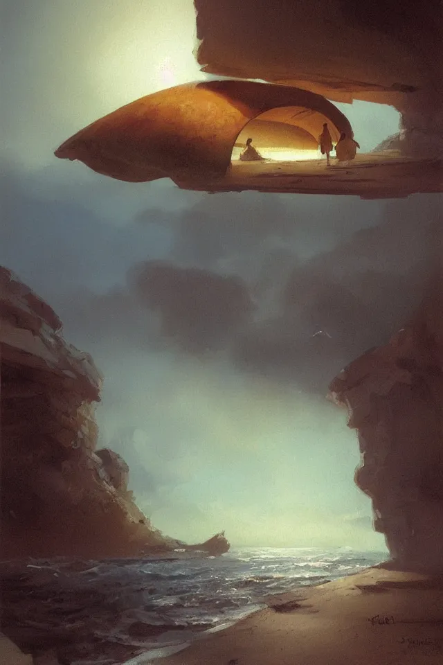 Prompt: painting of a giant seashell house where a young girl lives by john harris, atmospheric, concept art