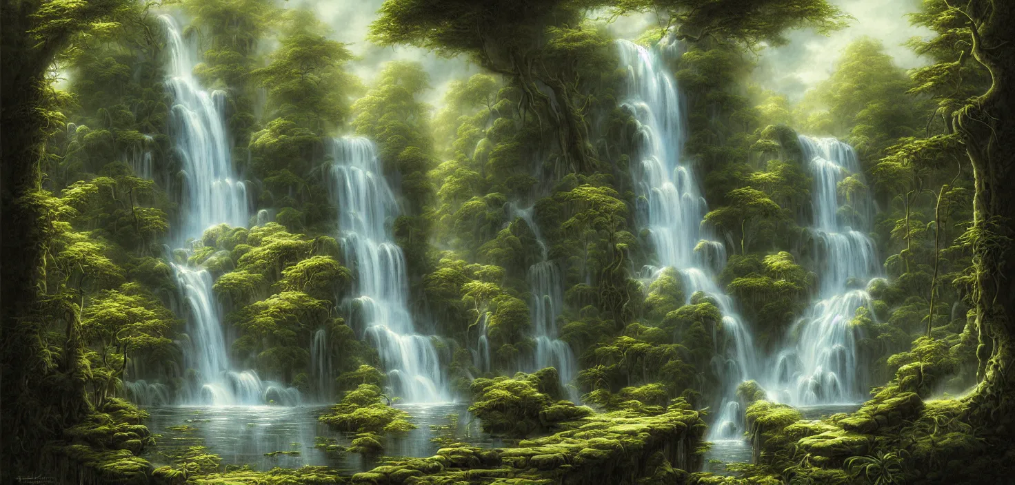 Image similar to a painting of a waterfall in a random forest, a detailed matte painting by todd lockwood, deviantart, fantasy art, matte painting, matte drawing, airbrush art