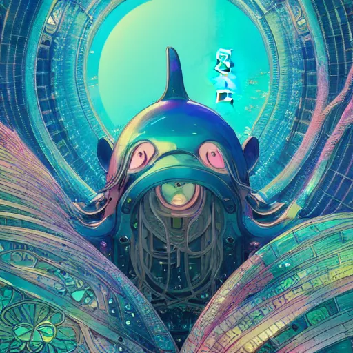 Image similar to a beautiful hyperdetailed character design 4 k wallpaper illustration of a cute dolphin, victo ngai cyberpunk style, from china, style of studio ghibli, makoto shinkai, raphael lacoste, louis comfort tiffany, artgerm, james jean, ross tran, chinese style