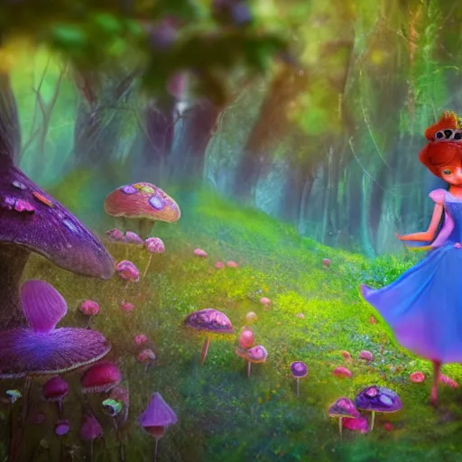 Image similar to beautiful faerie princess walks through happy trippy fungal landscape, weta pixar 8 k detailed face award winning photography