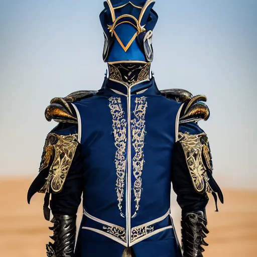 Prompt: medium face shot of adult Austin Butler dressed in futuristic-baroque prussian blue duelist-garb with Griffin-Ram embroidery emblem, and nanocarbon-vest and greaves, standing in an arena in Dune 2020, XF IQ4, f/1.4, ISO 200, 1/160s, 8K, face in-frame