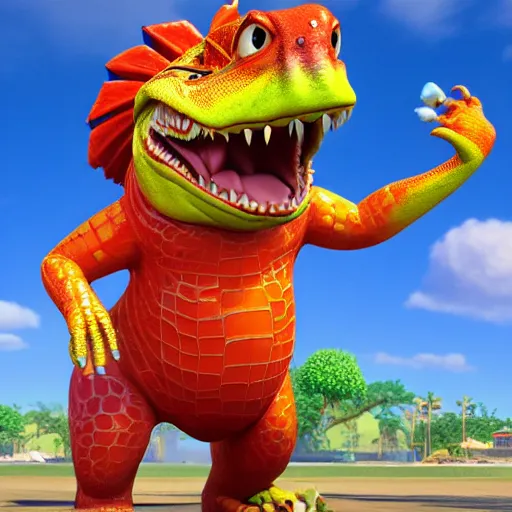 Image similar to 3 d render, anthropomorphic alligator, red scales on his back, yellow scale on his belly and chest, male, waring a hawaiian shirt, in the style of zootopia, hd, 4 k, high definition background