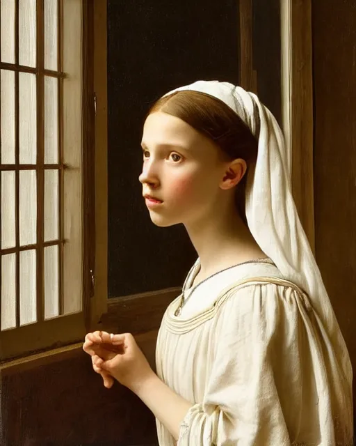 Image similar to a window - lit realistic portrait painting of a thoughtful girl resembling a young, shy, redheaded alicia vikander or millie bobby brown wearing peasant clothes by an open window, highly detailed, intricate, by vermeer, and william bouguereau