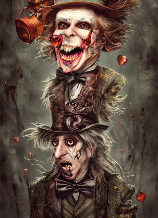 Image similar to mad hatter, angry, scary, cheeky, steampunk googles, highly detailed, cinematic, 8 k, by megan duncanson, benjamin lacombe, stanley artgermm, tom bagshaw, craig mullins, carne griffiths, ayami kojima, beksinski, giger, trending on deviantart, hyper detailed, horror, full of colour