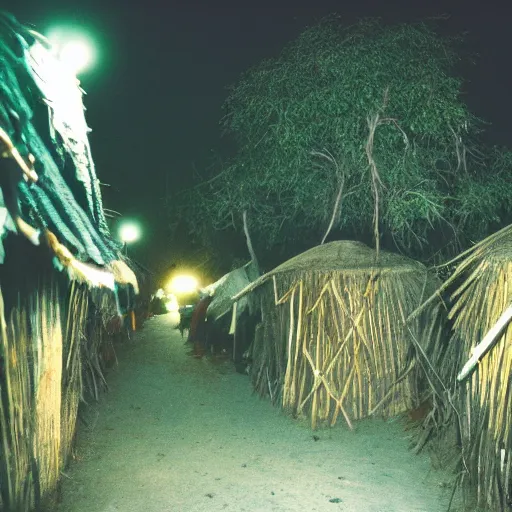 Prompt: photo african village at night, flash photography, cinestill, 800t, 35mm, full-HD