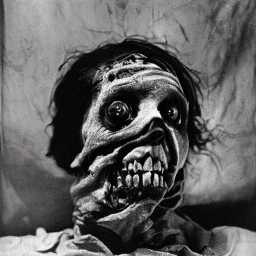 Prompt: black and white photograph the irradiated zombie wrapped in linen portrait dramatic lighting by Walker Evans