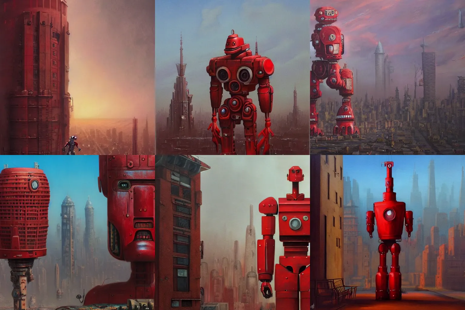 Prompt: a large red robot standing in front of a city, concept art by jarosław jasnikowski, trending on artstation, altermodern, steampunk, concept art, 2 d game art