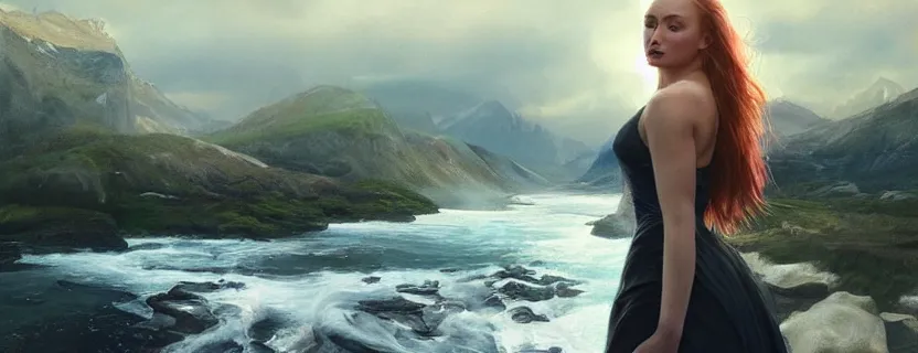 Prompt: most epic painting of sophie turner, silver lining, most epic landscape. epic cinematic hyperrealism masterpiece. realistic poster with shaded lighting by craig mallismo, artgerm, jeremy lipkin and michael garmash, unreal engine, radiant light, detailed and complex environment, digital art, art station trends