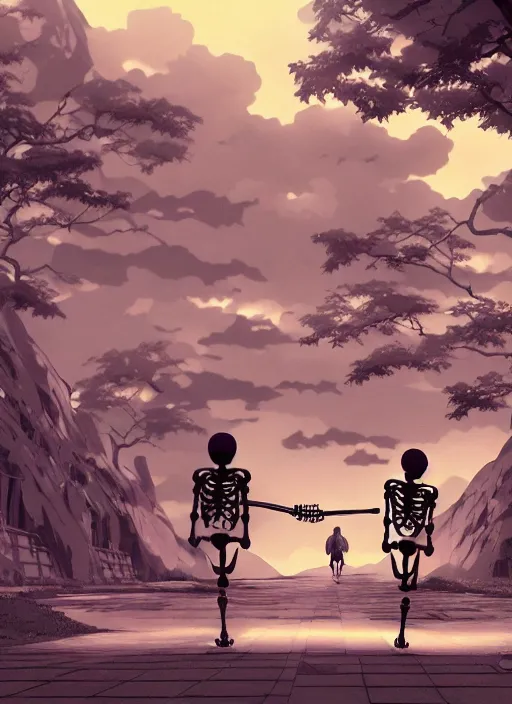 Prompt: skeleton couple, scenery wallpaper aesthetic, anime style, beautiful, cinematic, dramatic, super detailed and intricate, hyper realistic, 4 k render, by satoshi kon, by koson ohara, by darwyn cooke
