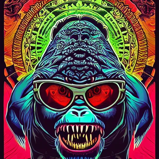 Prompt: barong family member with sunglasses, wiwek, mara demon, one single tribe member, jungle, one single mask, dark, ancient warrior, gorilla, lizard, tribal, inner glow, art by dan mumford and justin gerard