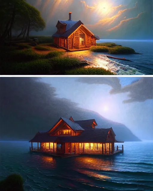 Image similar to a hyper - detailed 3 d render like an oil painting of cabin dreaming of the ocean!!!!! surreal concept art, lifelike, photorealistic, digital painting, aesthetic, smooth, sharp focus, artstation hd, by greg rutkowski, bruce pennington, valentina remenar, rhads, asher duran,