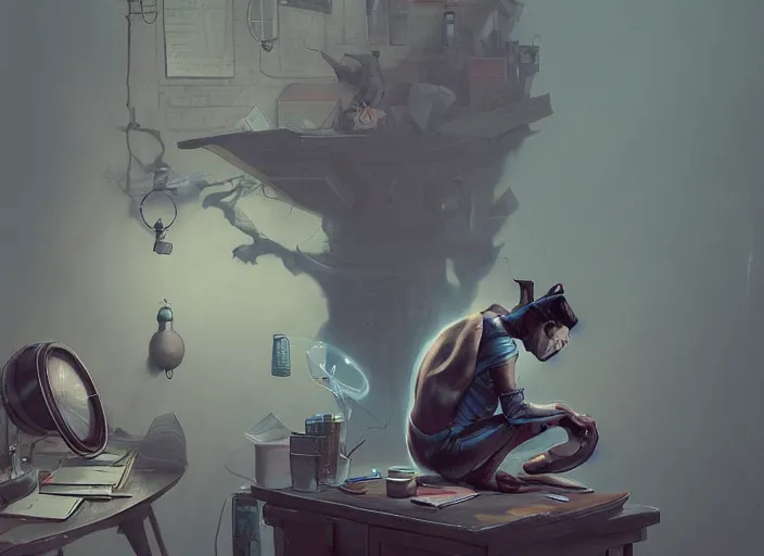 Image similar to an insanely detailed painting of an asian man wearing a homemade superhero costume, sitting at a desk, staring seriously at the computer and typing, in the style of peter mohrbacher, james jean, dramatic lighting and composition, surreal background, octane render, pixar, trending on artstation, concept art, comic book, view from behind, 8 k