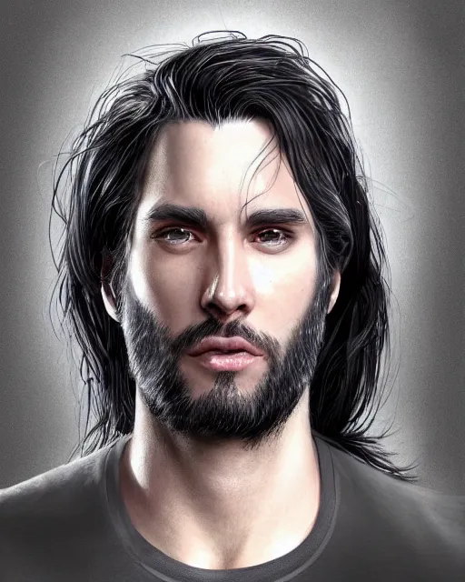 Image similar to portrait of tall, 3 3 - year - old handsome man with long dirty black hair, and ice grey eyes, wearing black clothes, no beard, hyper realistic face, beautiful eyes, character art, art by mark brooks, hyperdetailed, cryengine, trending on artstation, digital art