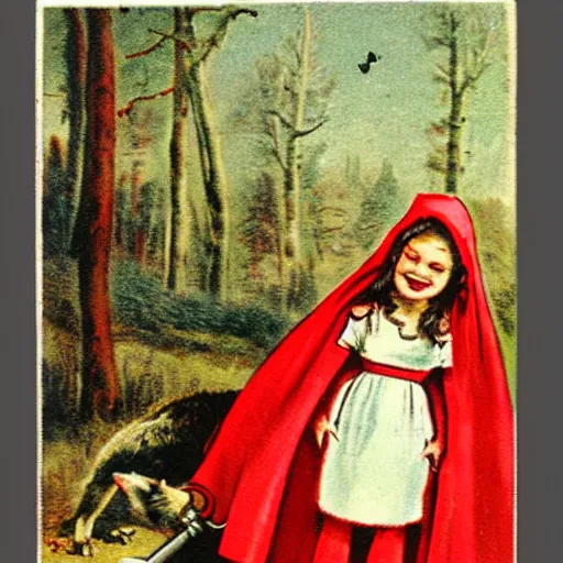 Image similar to little red riding hood smiling as she stands over a dead wolf with a bloody knife, vintage Halloween postcard