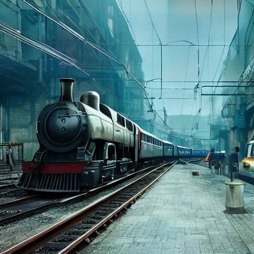 Image similar to :: Train to Hogwarts :: cyberpunk style :: Makoto Shinkai cyberpunk style :: Cinematography by Zack Snyder ::8k resolution :: cinematic shot :: epic :: awe :: masterpiece