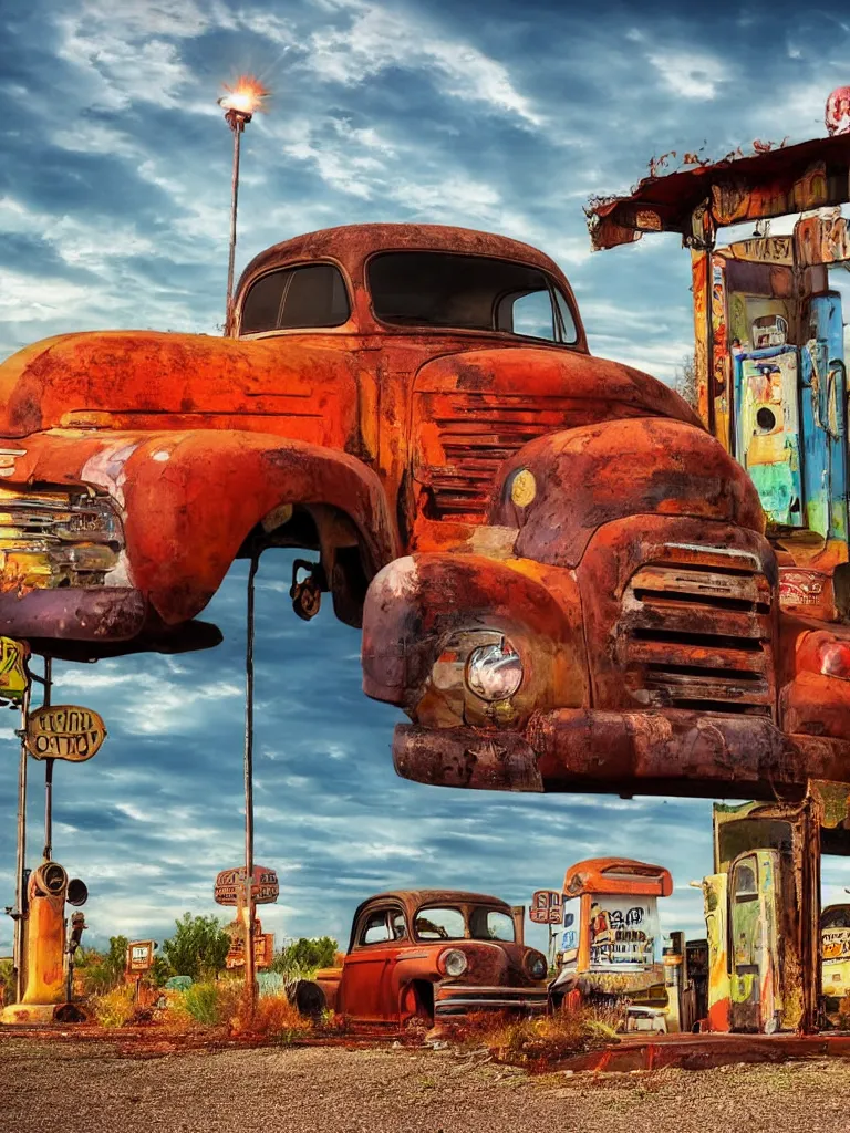 Image similar to A beautiful colorful evening scene of route66 with abandoned gas station and rusty old pickup truck :: hyper realistic