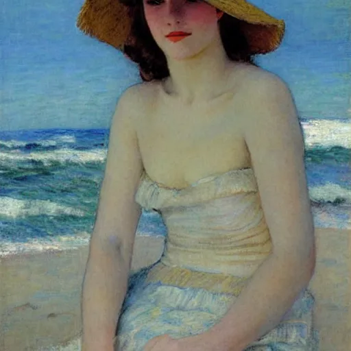 Prompt: painting of a young woman with a hat on at a beach by Guy Rose and Geroges Clarin, high quality, highly detailed, Romanticism, 1900s, oil painting, coherent