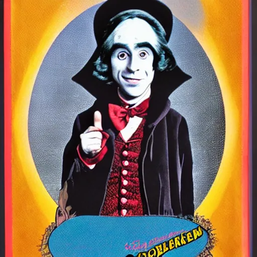 Image similar to willy wonka wearing a dark hooded cloak