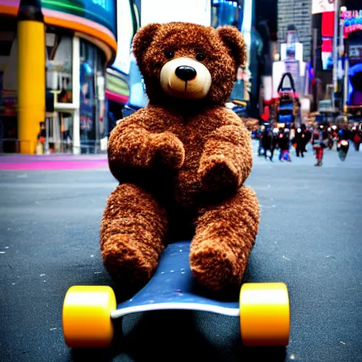 Image similar to a photo of a teddy bear on a skateboard in times square