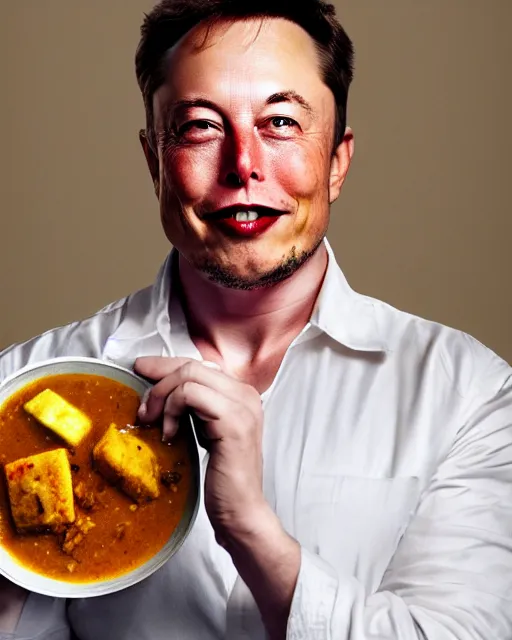 Image similar to a portrait of elon musk with a plate containing idli and sambar in front of him, highly detailed, trending on artstation, bokeh, 9 0 mm, f / 1. 4