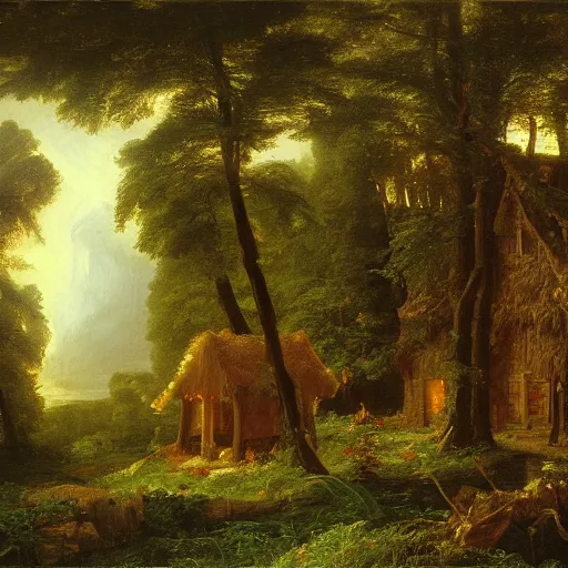 Image similar to an oil painting of a gingerbread house in the forest, by thomas cole, ivan shiskin, and james gurney