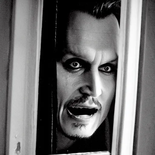 Image similar to Johnny Depp as Jack Torrance in Shining looking through the hole in the broken door