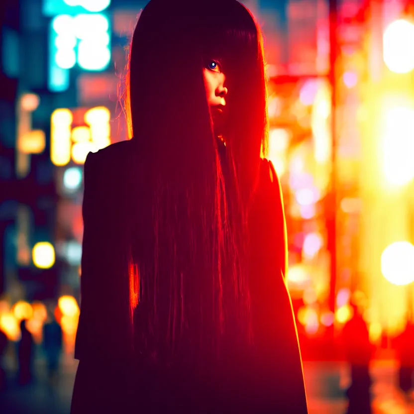 Image similar to a photo close up cyberpunk mysterious woman stands in a cyberpunk hiroshima, prefecture streets, sunset, photorealistic, cinematic lighting, highly detailed, bokeh, style by tomino - sama