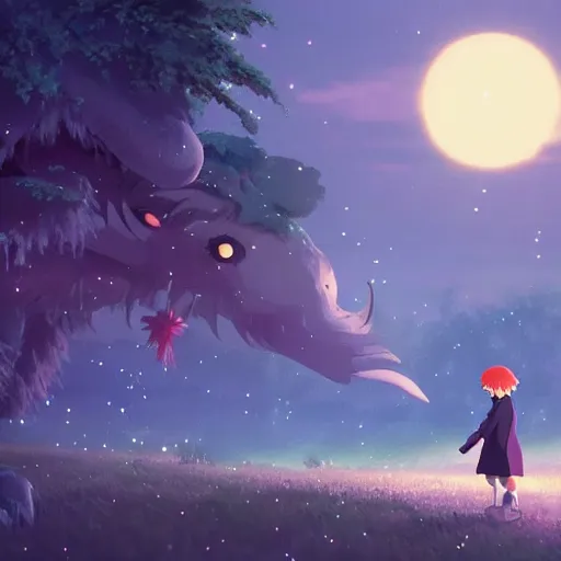 Image similar to magical giant creature walking in the night made by studio ghibli, beautifl scene, smooth, 8 k, high details, high quality