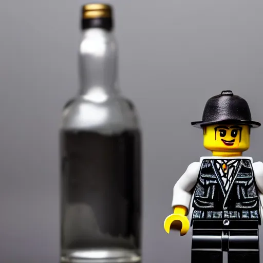 Image similar to macro photo of angry man lego figure in black spotwear, eight-piece cap on head, holding a vodka bottle, ambient lighting