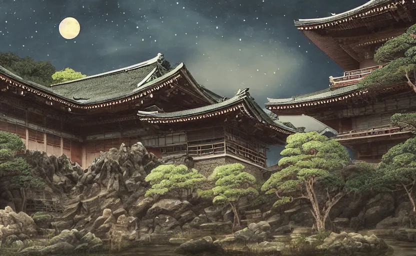 Image similar to highly detailed painting of old, ruined, japanese palace from sengoku period, surrounded by dense rock formations, high in mountains, night with bright moon light, environment concept art, photobash, unreal engine render, nanite