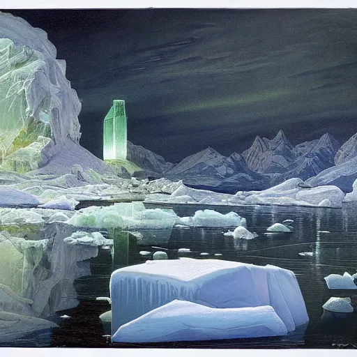 Image similar to ominous emerald crystal emerging from ice, at night, by frederic church, by kent monkman, by caspar david friedrich, king's quest, sierra games