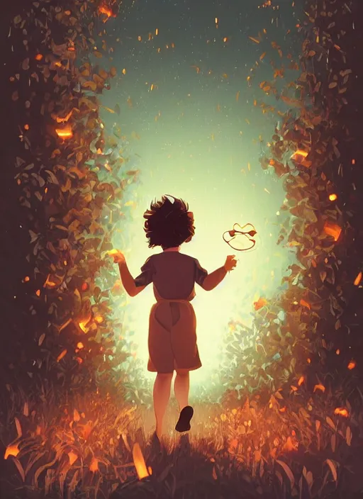 Image similar to little girl with short wavy curly light brown hair chasing fireflies in the woods. clean cel shaded vector art. shutterstock. behance hd by lois van baarle, artgerm, helen huang, by makoto shinkai and ilya kuvshinov, rossdraws, illustration, art by ilya kuvshinov